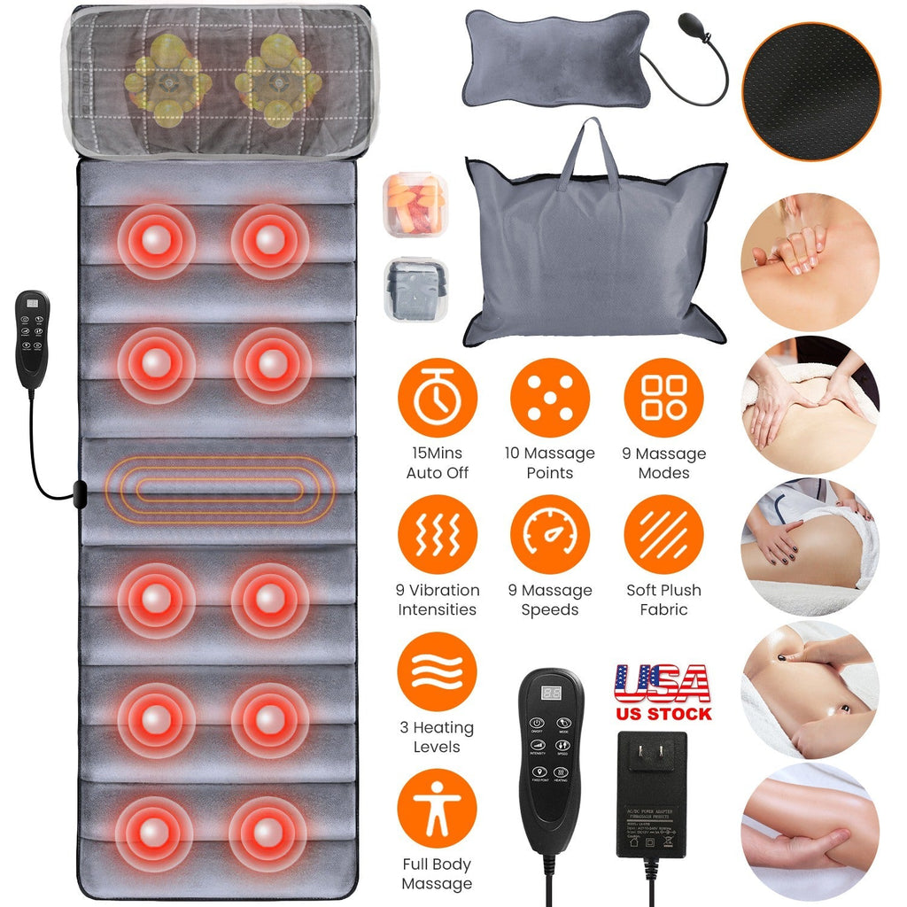 Full Body Electric Massage Mat Heat Chair Pad Neck Pillow 10 Vibrations
