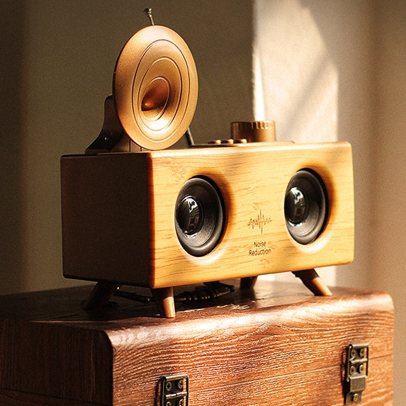 Mid-Century Modern Wood-Grain Bluetooth Speaker with FM Radio