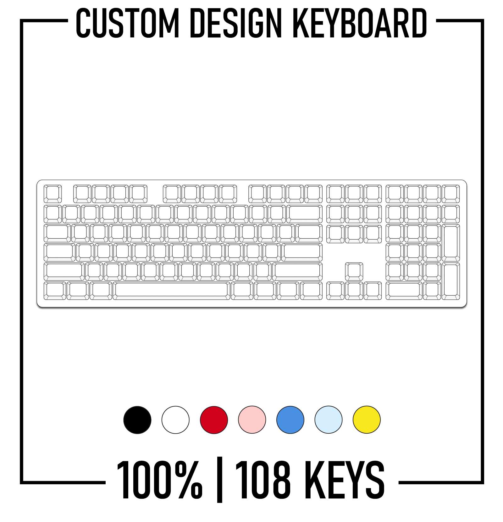 Diagram of a custom design keyboard with color swatches below on a white background