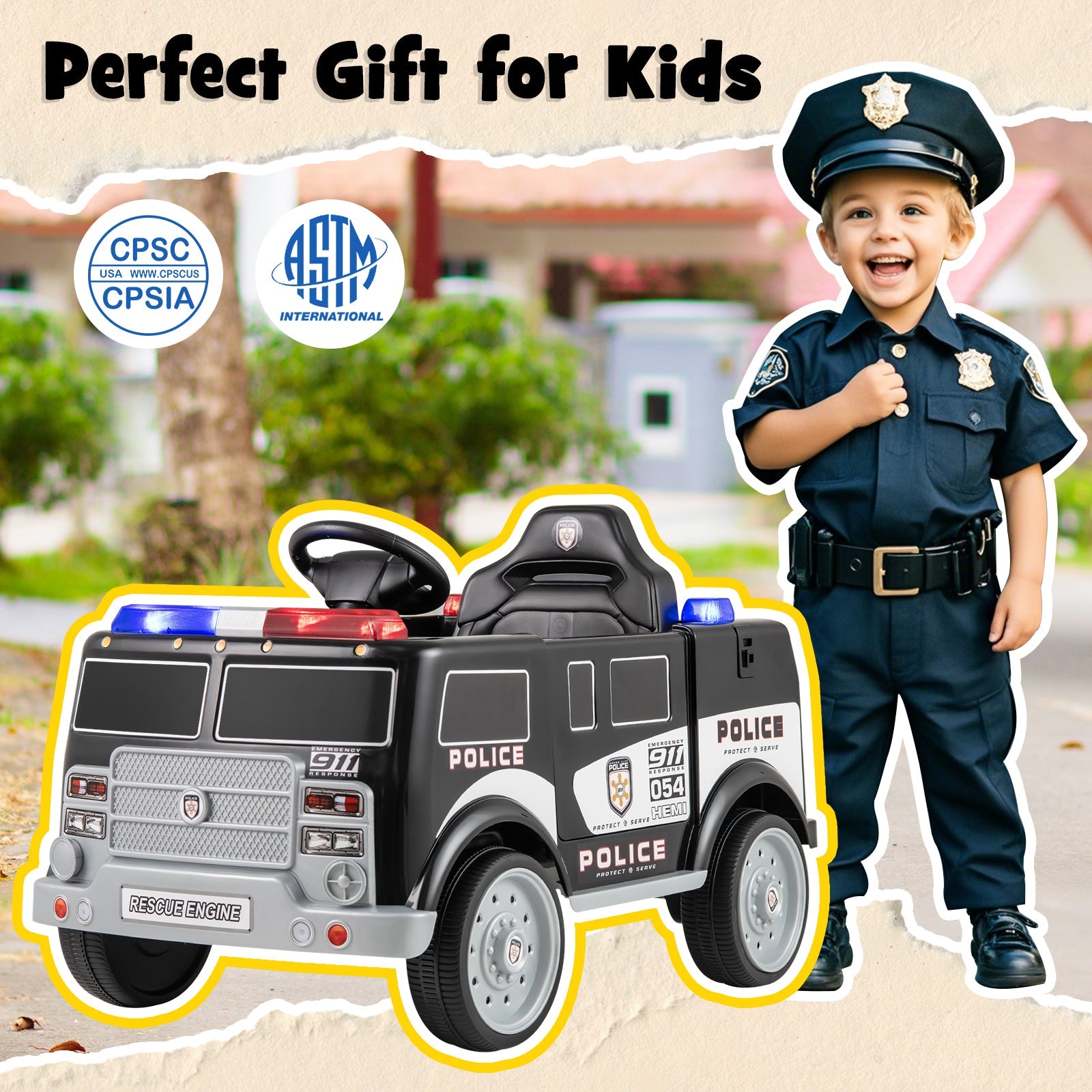 12V Battery Powered Electric Police Car 3 Speeds Megaphone