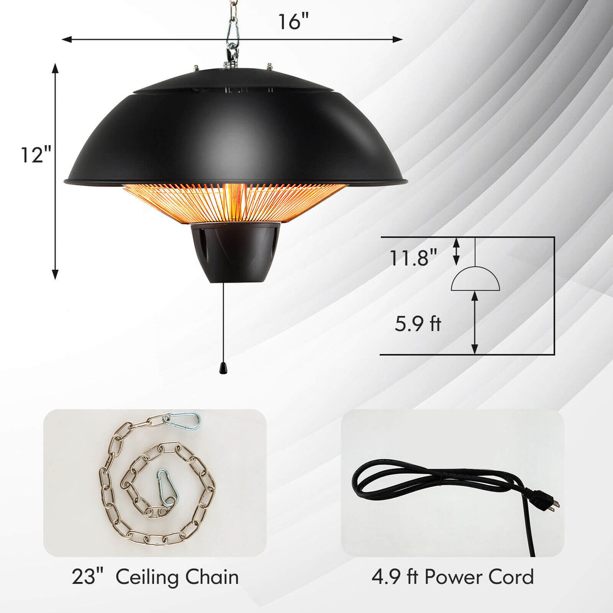 Electric Patio Heater 1500W Hanging Halogen IPX4 Waterproof