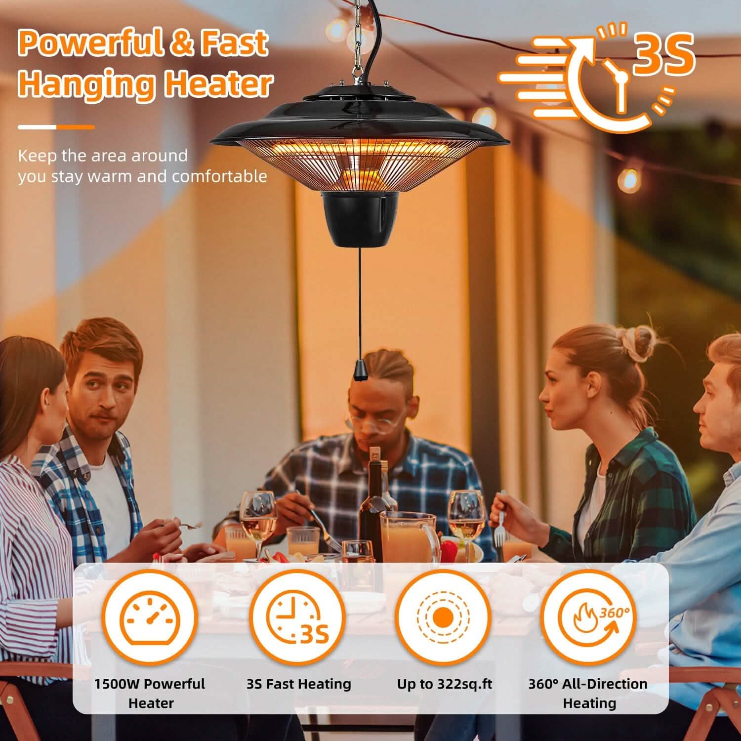 Outdoor Hanging Patio Ultra-Quiet Electric Heating Lamp 1500W