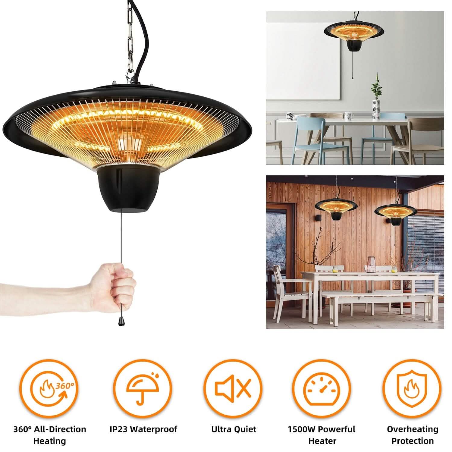 Outdoor Hanging Patio Ultra-Quiet Electric Heating Lamp 1500W