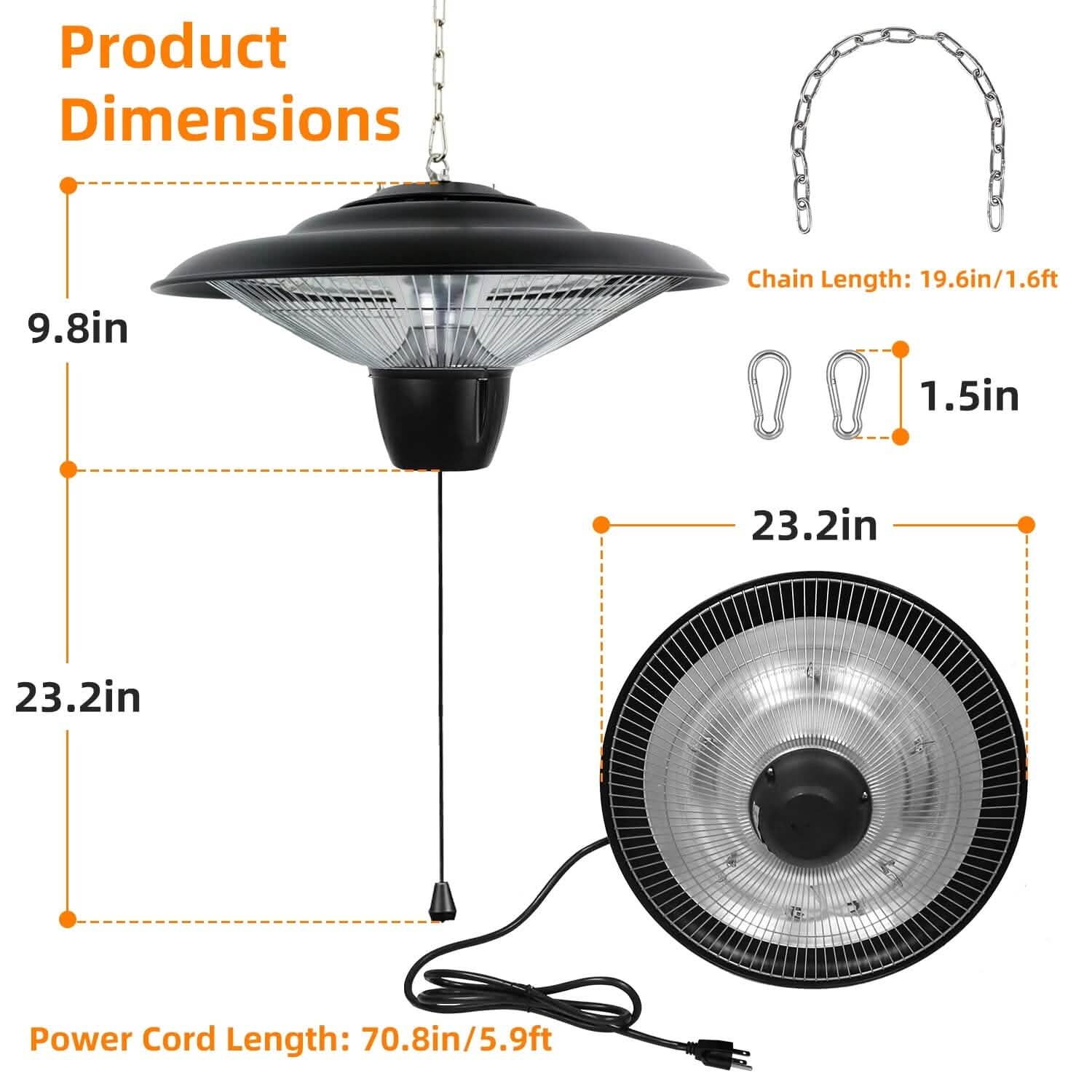 Outdoor Hanging Patio Ultra-Quiet Electric Heating Lamp 1500W