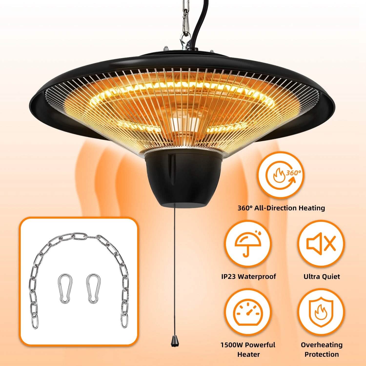 Outdoor Hanging Patio Ultra-Quiet Electric Heating Lamp 1500W