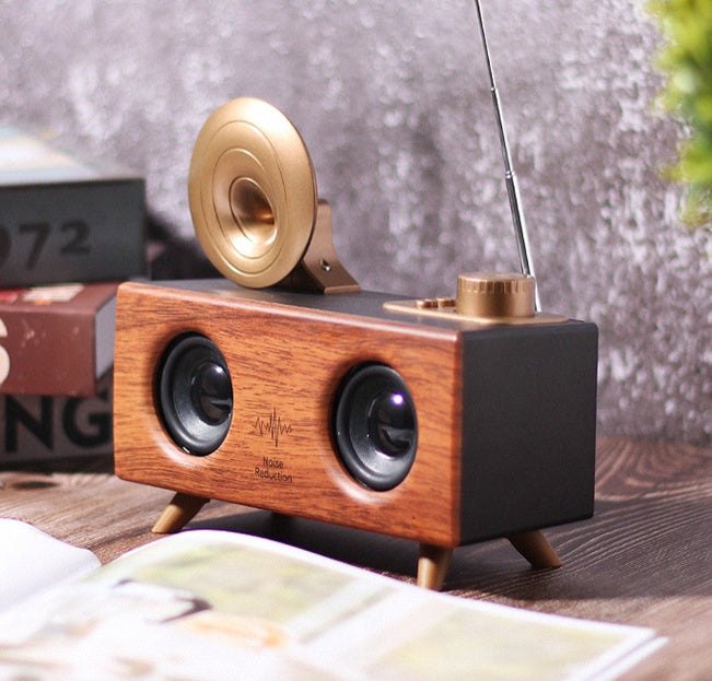 Mid-Century Modern Wood-Grain Bluetooth Speaker with FM Radio