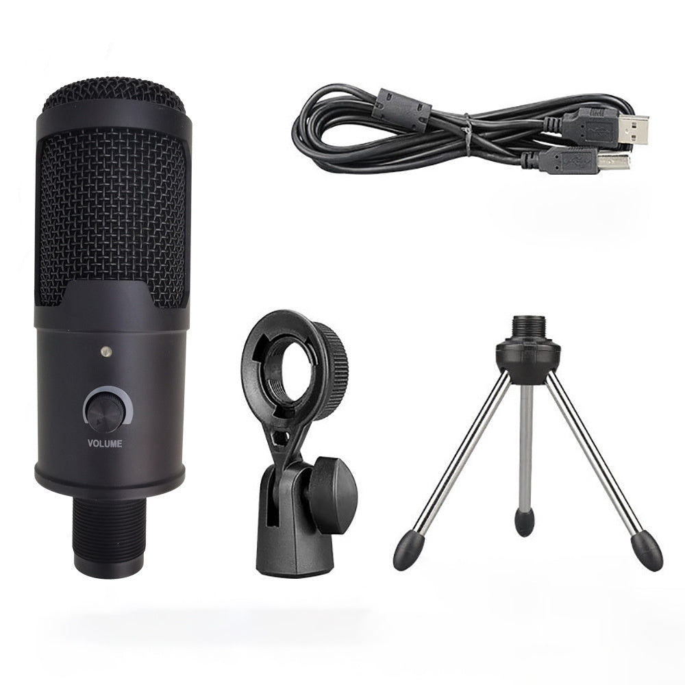 Black studio microphone with stand, cable, and volume control on a white background