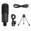 Black studio microphone with stand, cable, and volume control on a white background