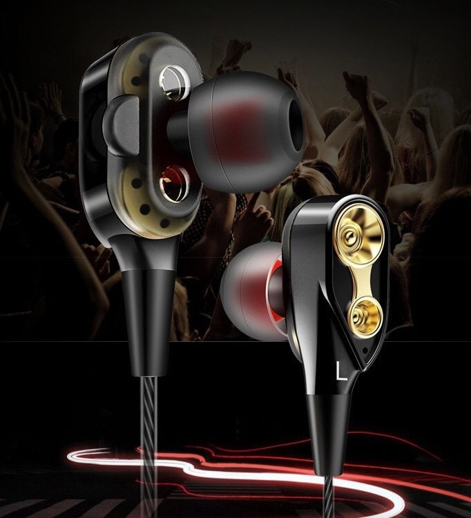 High-end earbuds with gold accents on a dark background