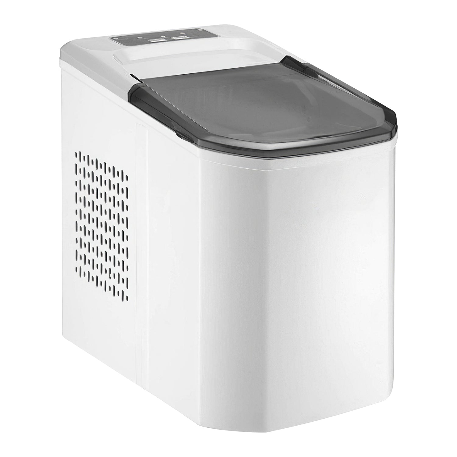 White ice maker with a black lid on a white background