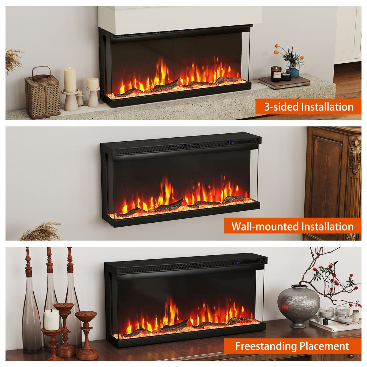 3-Sided Electric Fireplace Insert with Remote, 36–60"