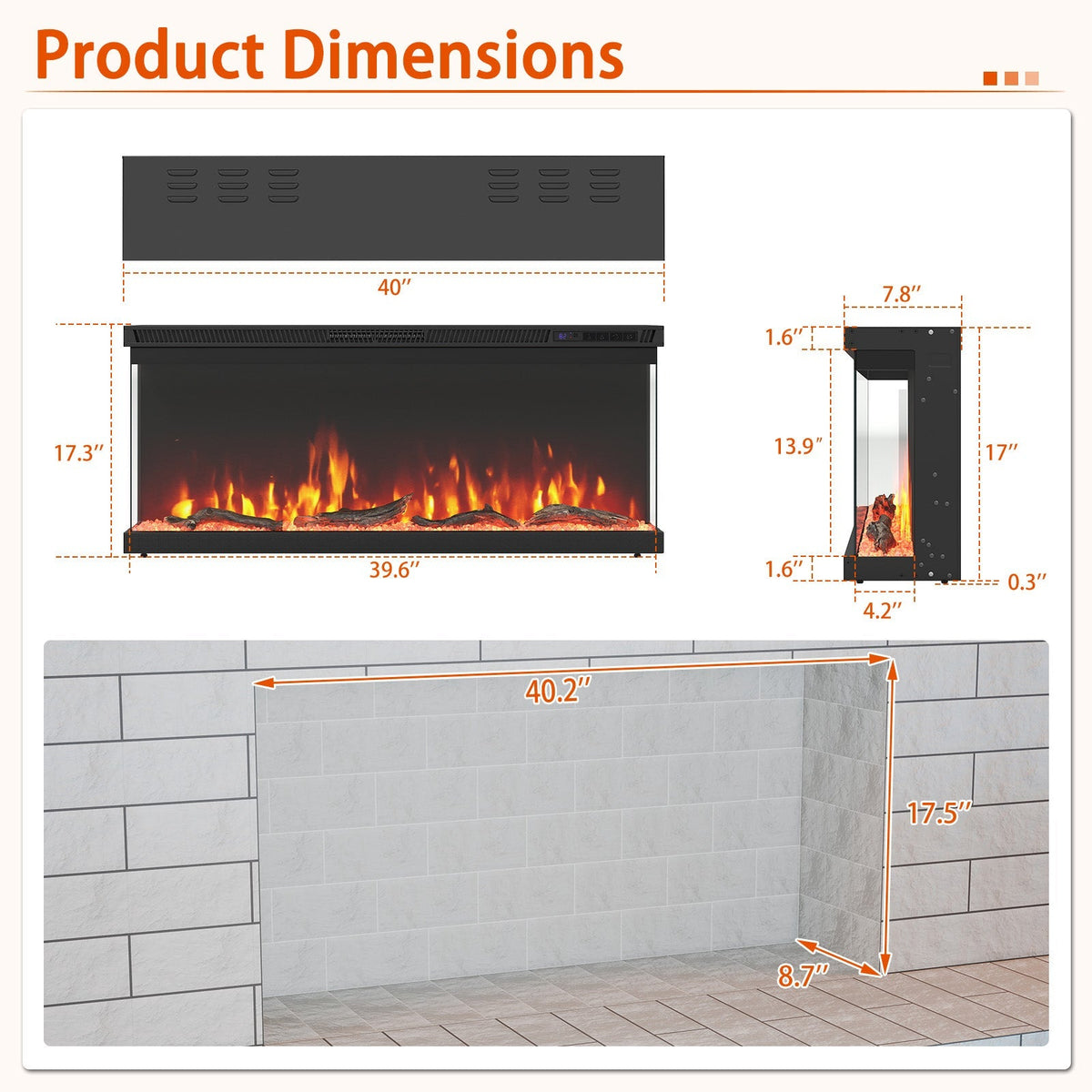 3-Sided Electric Fireplace Insert with Remote, 36–60"