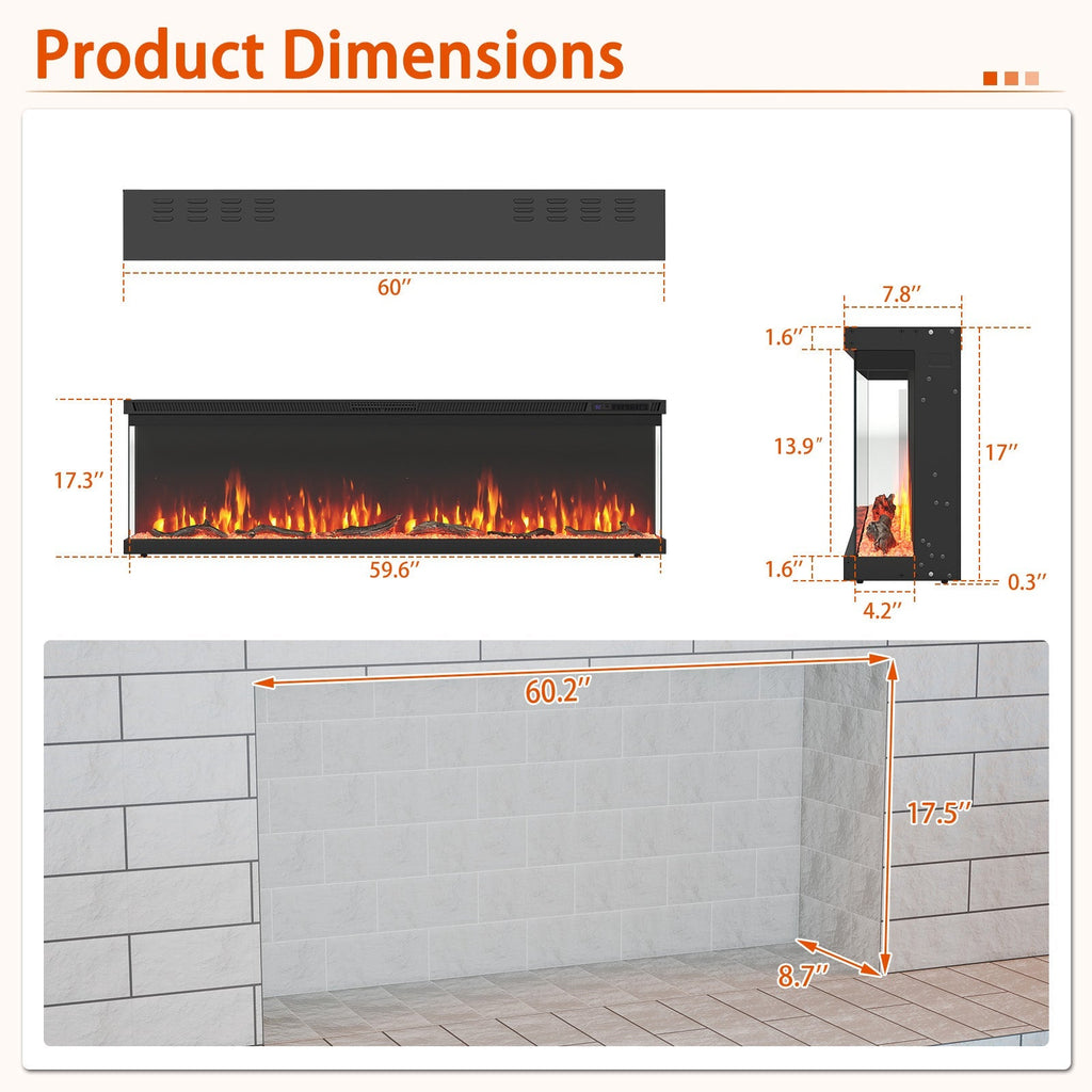 3-Sided Electric Fireplace Insert with Remote, 36–60"
