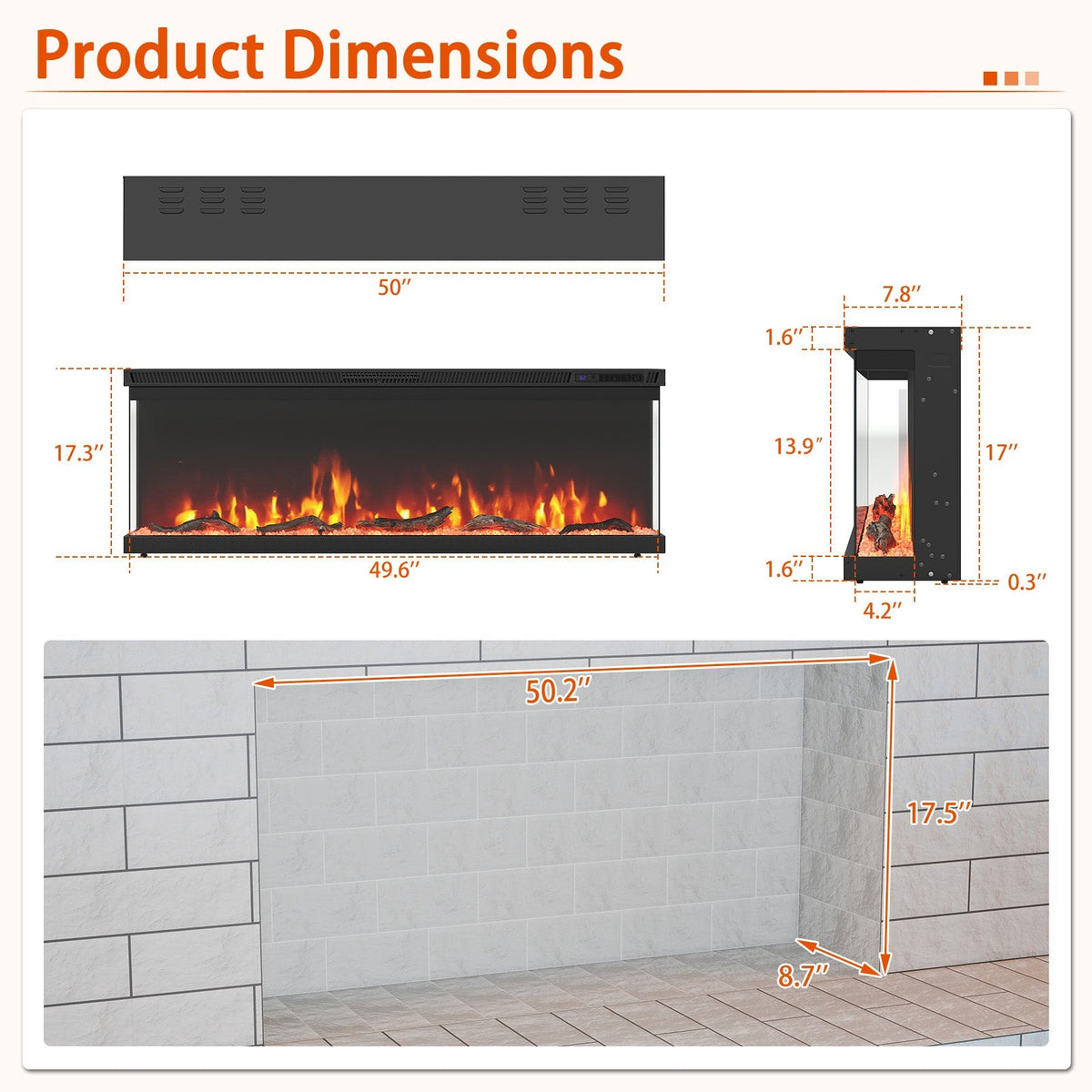 3-Sided Electric Fireplace Insert with Remote, 36–60"