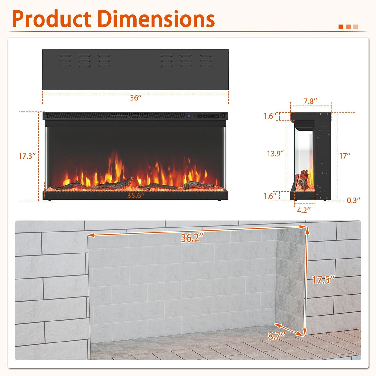 3-Sided Electric Fireplace Insert with Remote, 36–60"