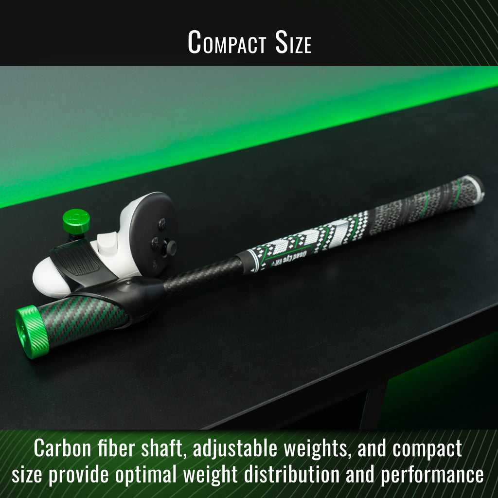 Fishing rod with carbon fiber shaft and adjustable weights on a green and black background