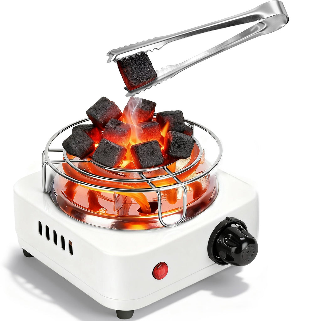 Portable stove with charcoal briquettes and tongs on a white background