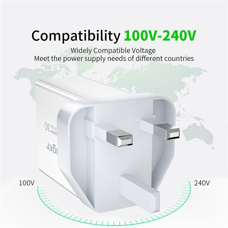 White power adapter with compatibility range 100V-240V on a world map background