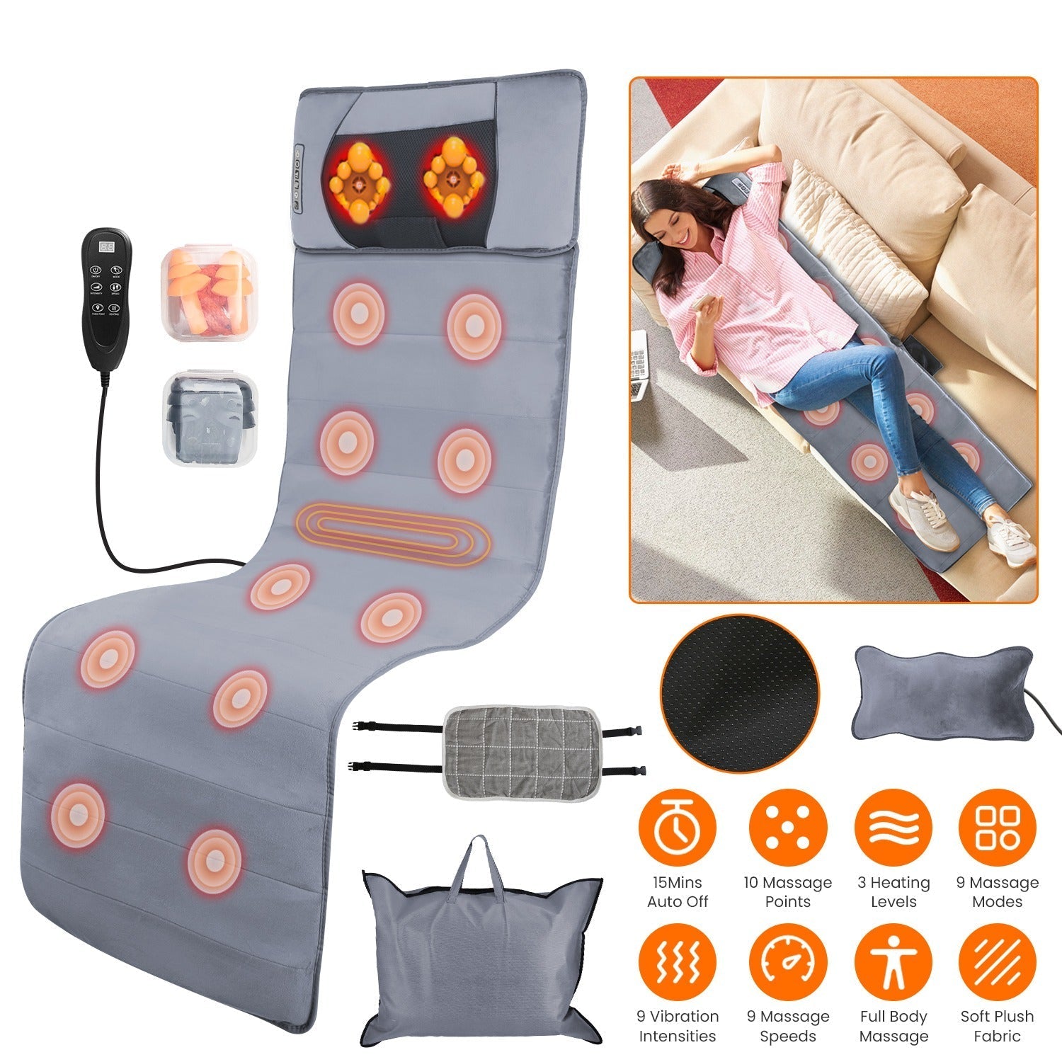 Full Body Electric Massage Mat Heat Chair Pad Neck Pillow 10 Vibrations