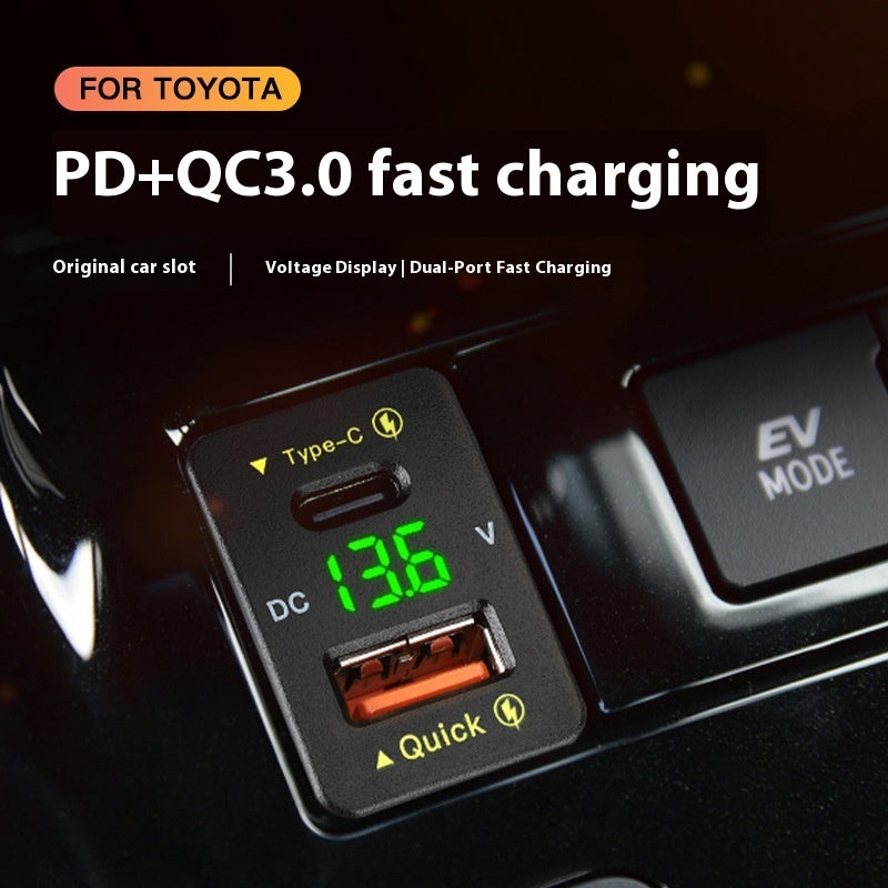 Car charger with PD+QC3.0 fast charging technology for Toyota vehicles, displaying voltage and current.