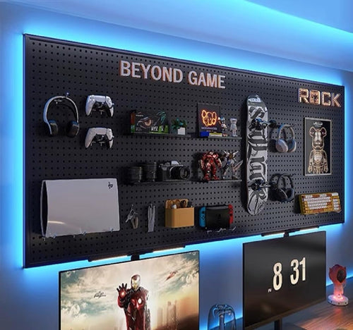 Gaming-themed pegboard with various items against a blue-lit wall.