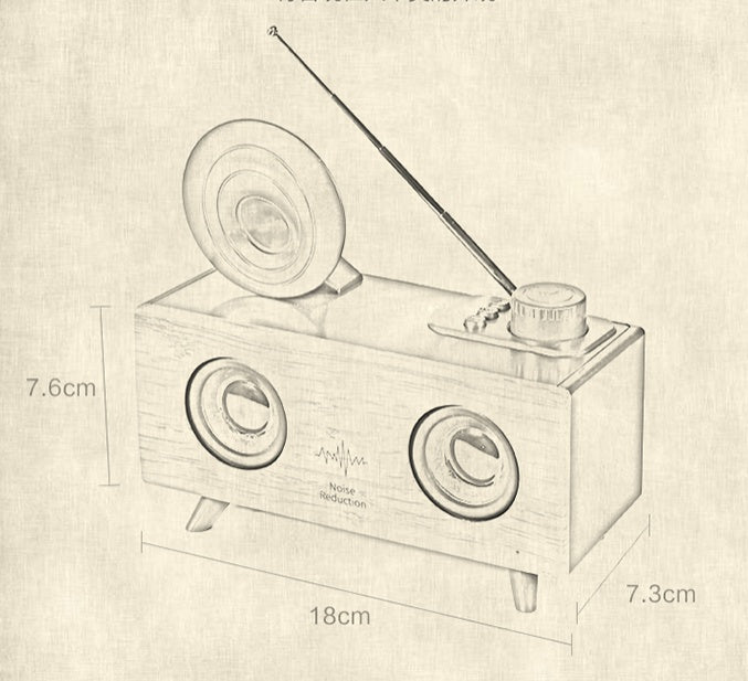 Vintage-style illustration of a radio with dimensions on a textured beige background