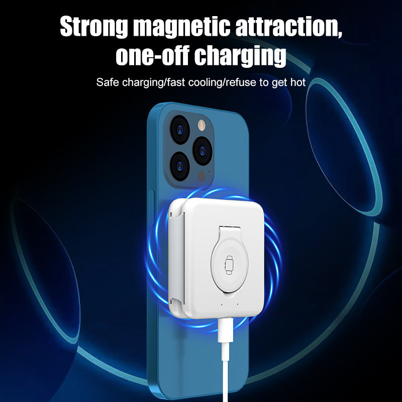 White magnetic charging device attached to a blue smartphone 