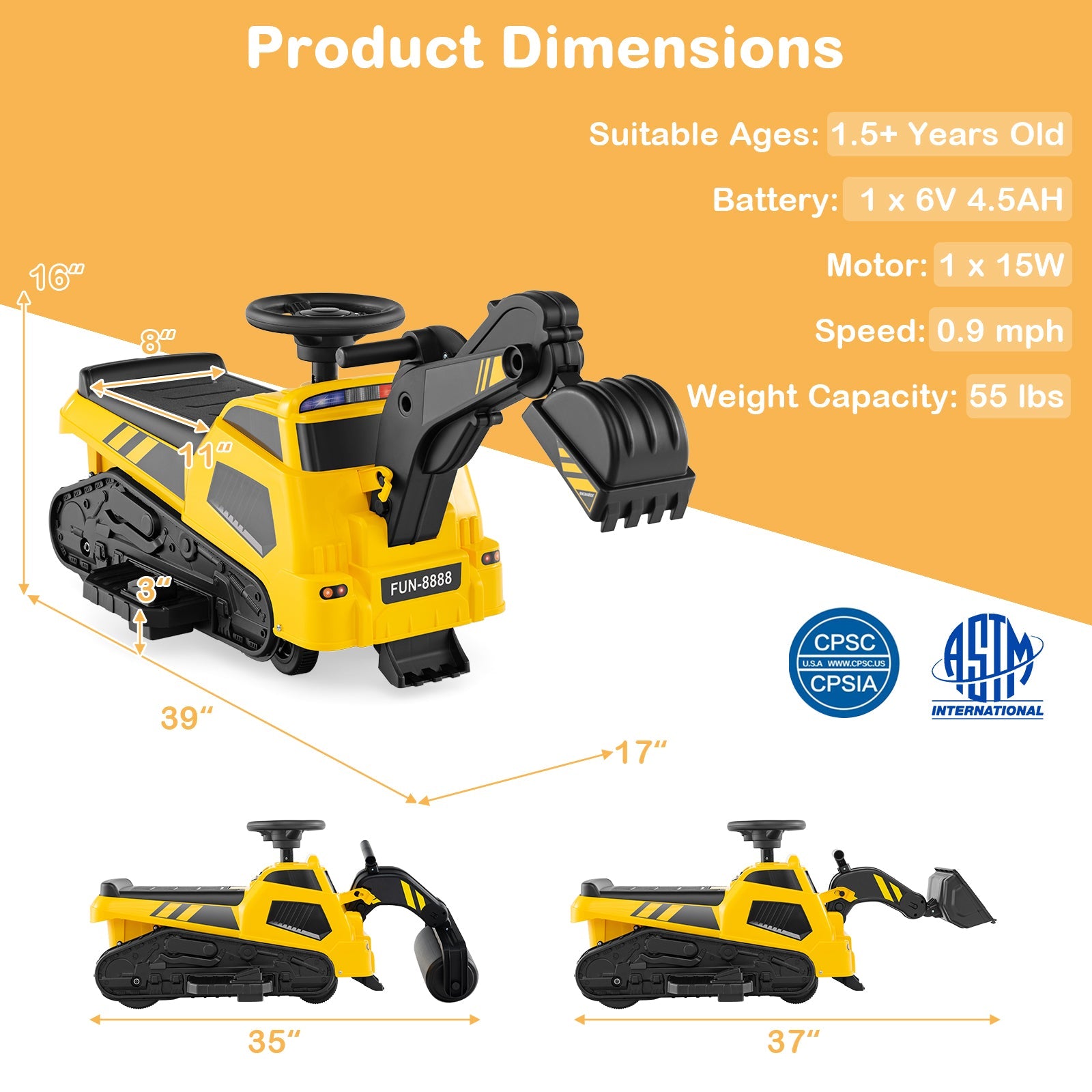 Kids 6V Ride on Tractor 3-in-1 Electric Excavator Adjustable Arms Music-Yellow