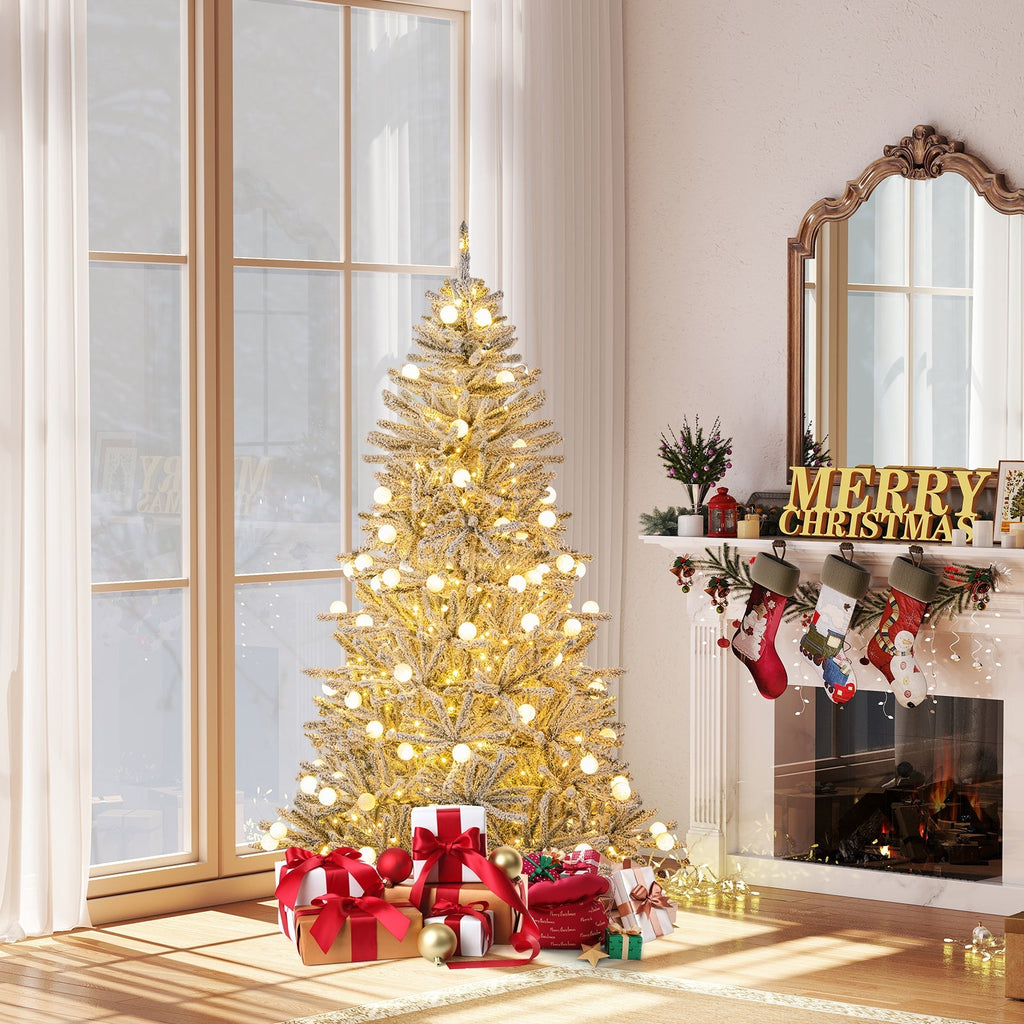 6 Feet Snow-flocked Artificial Christmas Tree Pre-lit 81 Lights & Remote