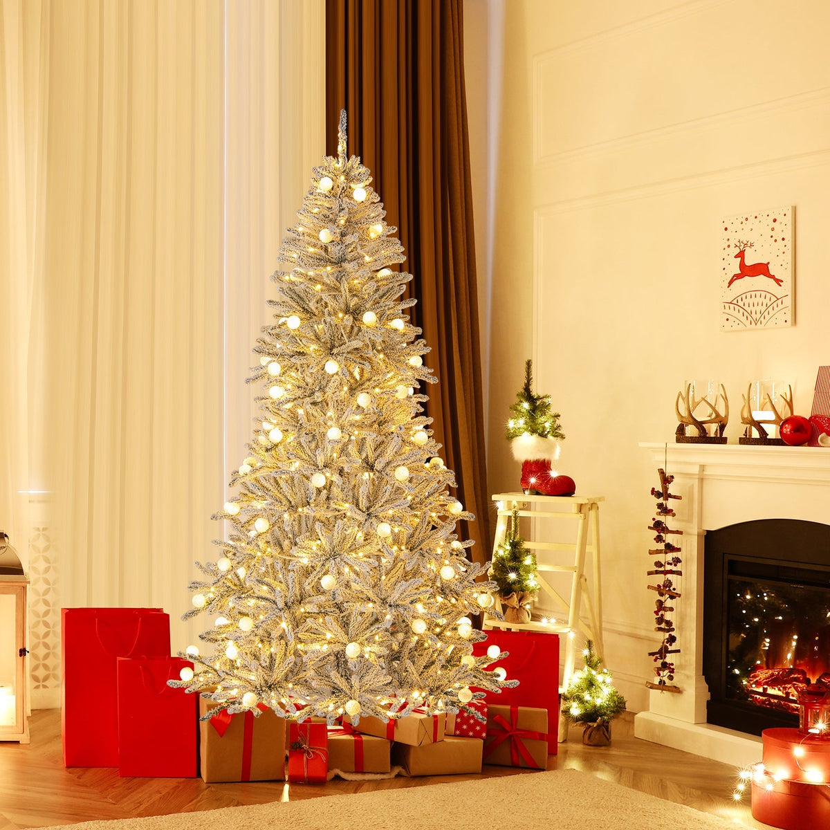 6 Feet Snow-flocked Artificial Christmas Tree Pre-lit 81 Lights & Remote