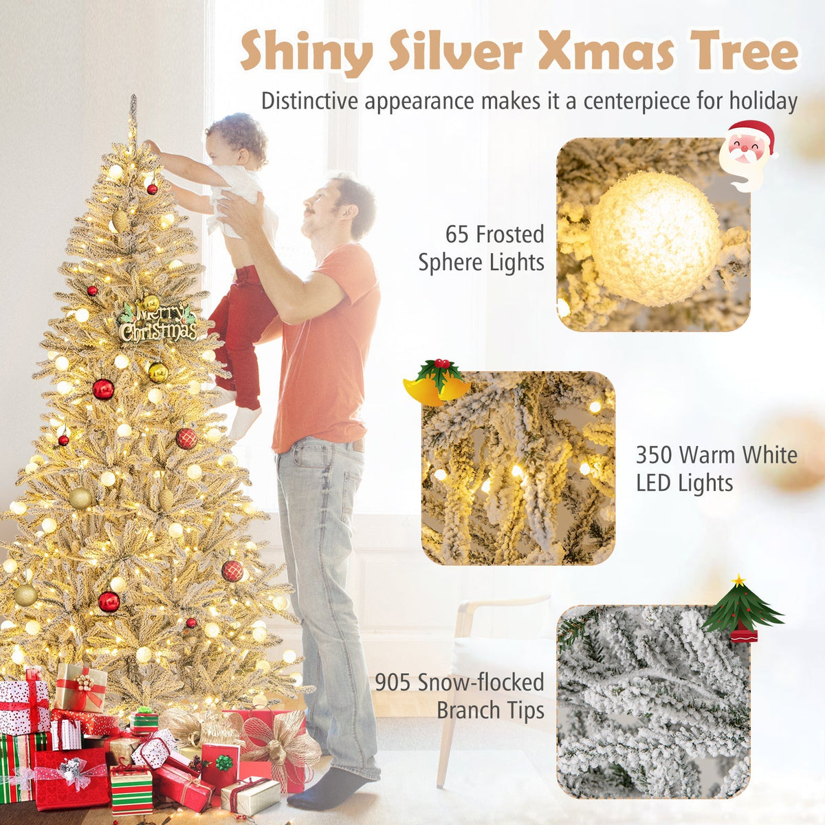 6 Feet Snow-flocked Artificial Christmas Tree Pre-lit 81 Lights & Remote