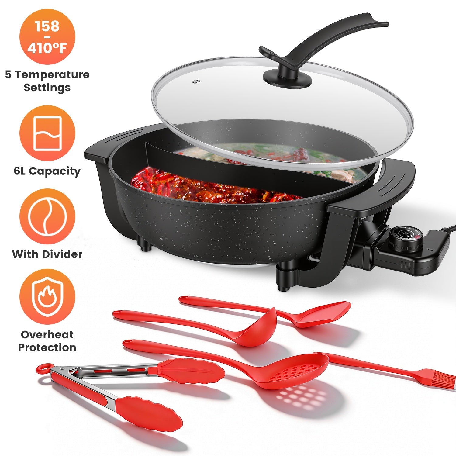 Electric Hot Pot with Divider 1100W 5-Temp Control