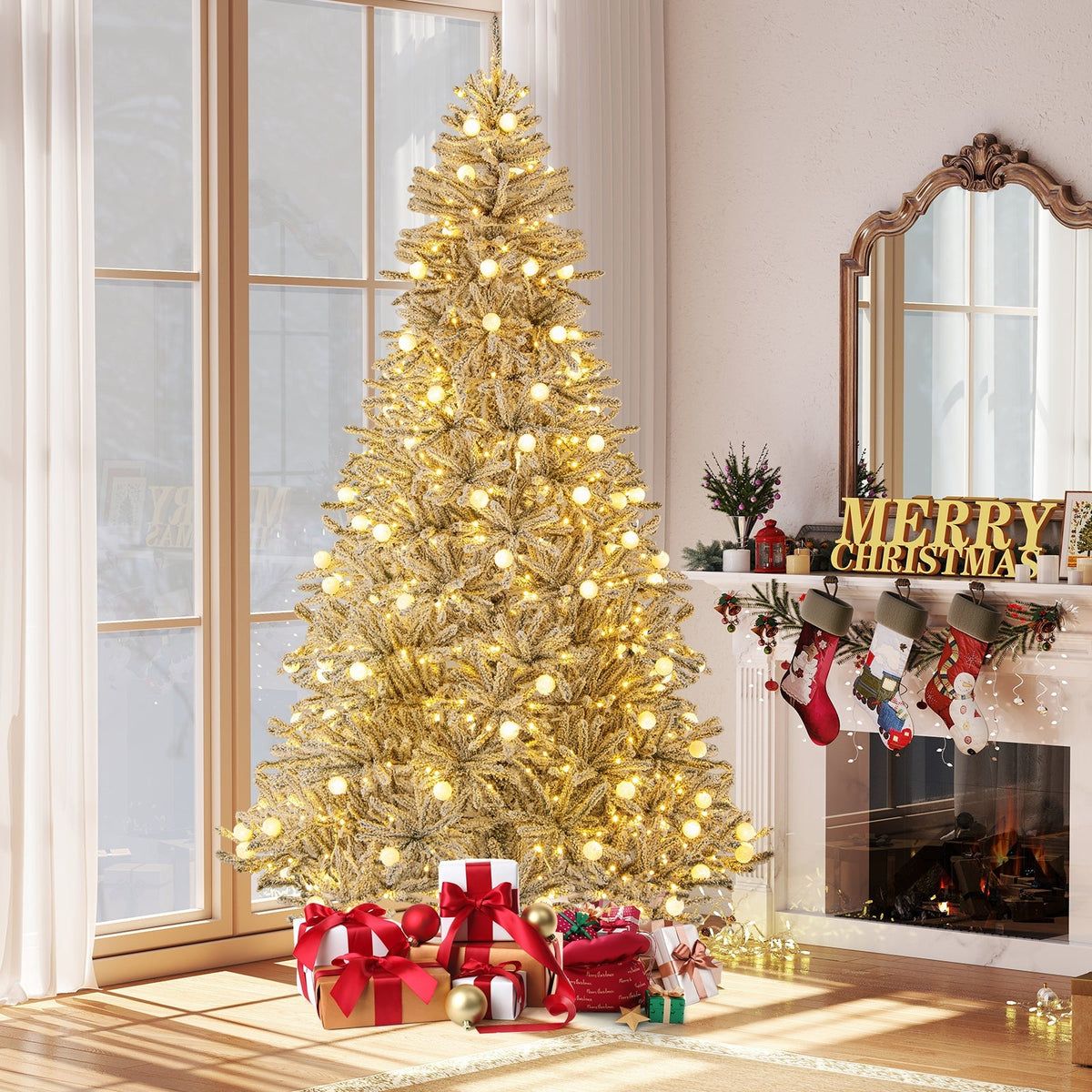 6 Feet Snow-flocked Artificial Christmas Tree Pre-lit 81 Lights & Remote