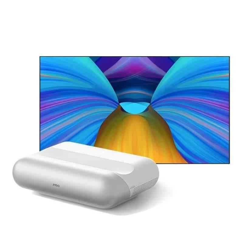 White projector with colorful abstract display on a white background
