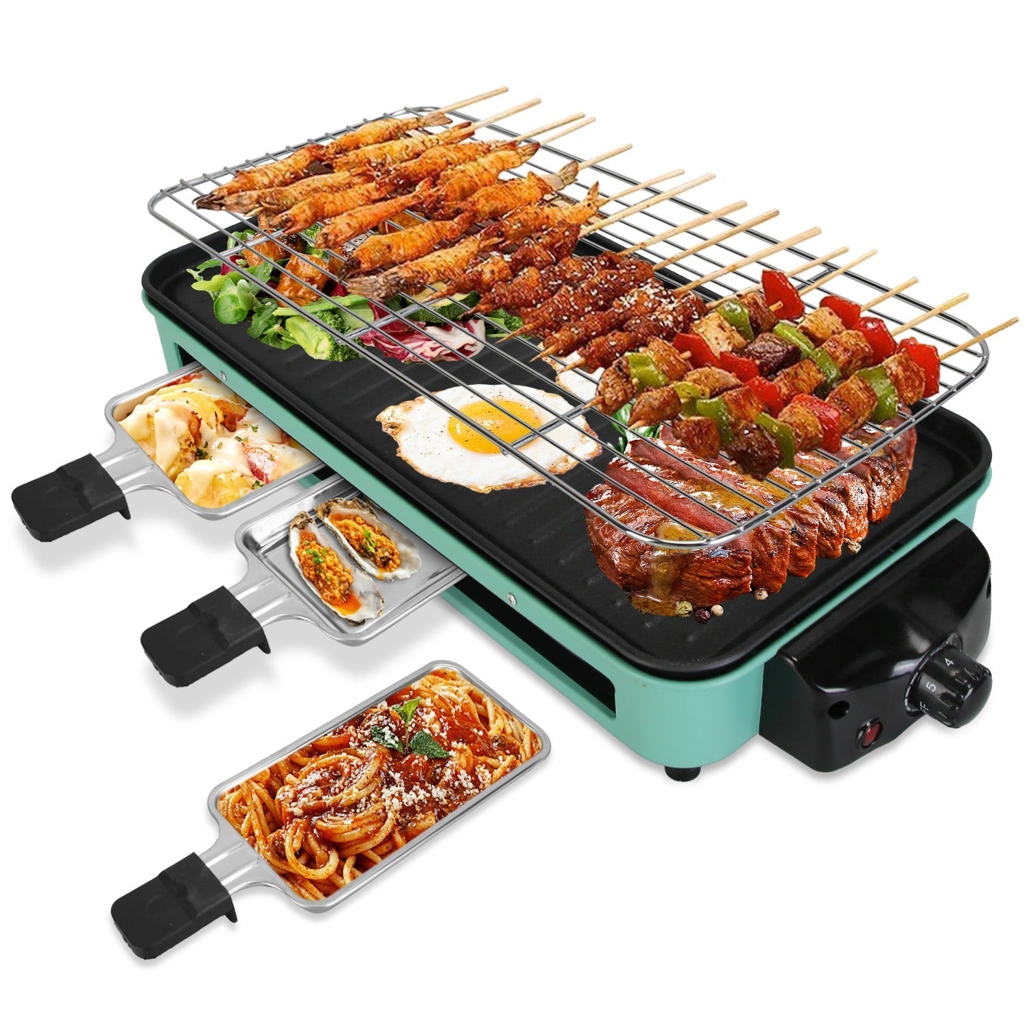 Multifunctional indoor grill allowing you to grill, bake, fry, or roast a variety of foods.