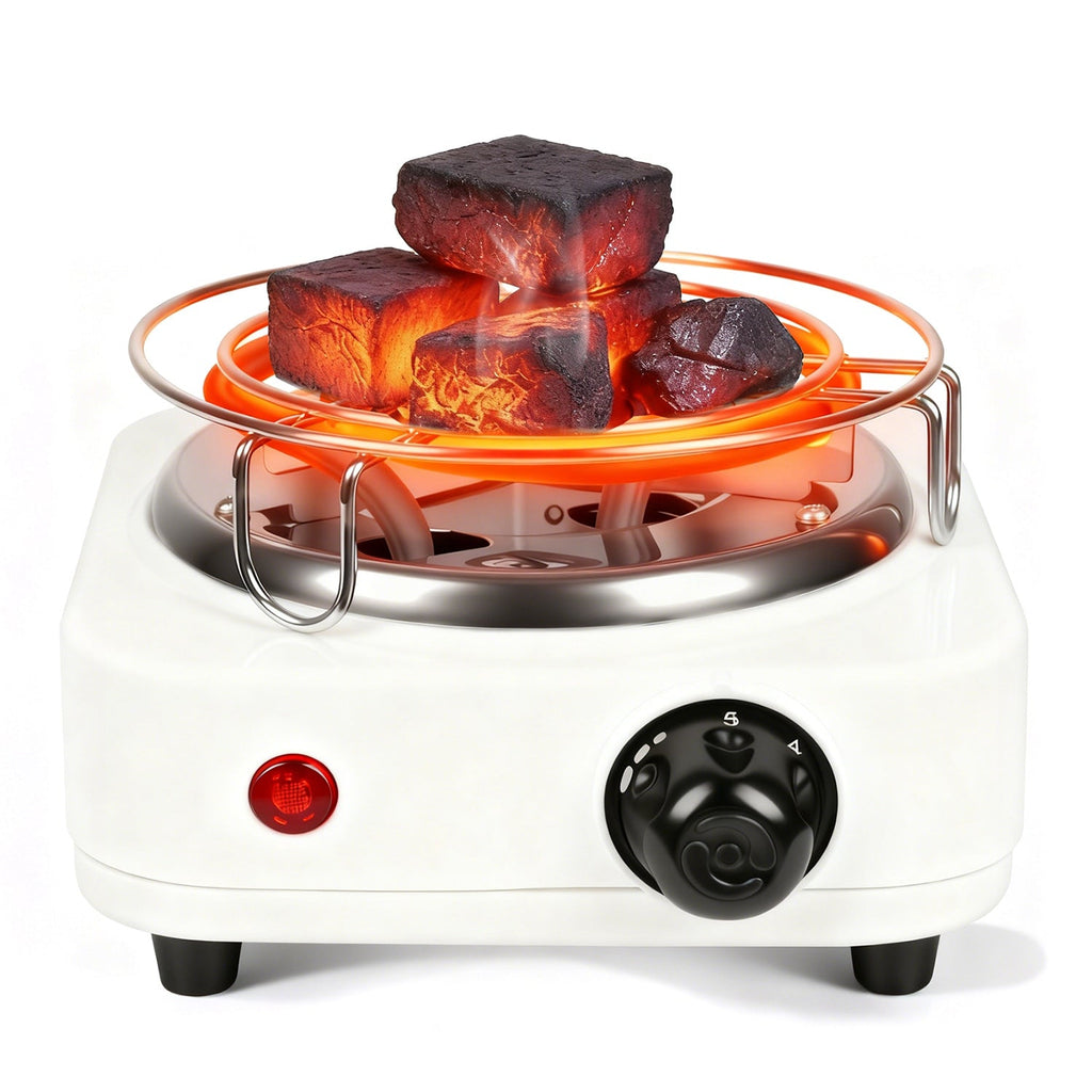 Small electric stove with glowing hot coals on a white background