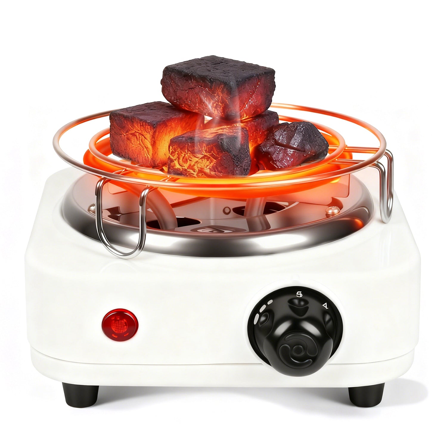Small electric stove with glowing hot coals on a white background