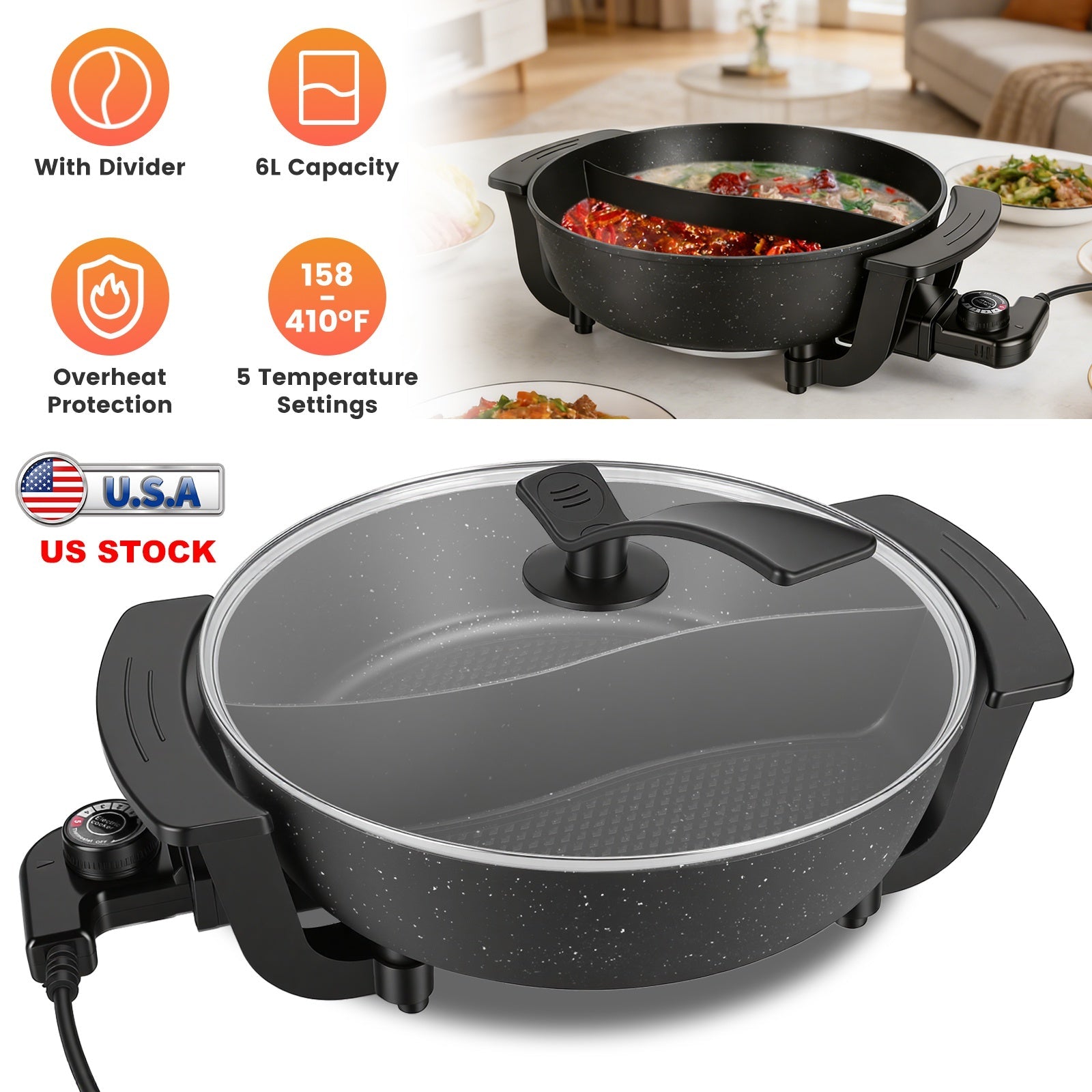 Electric Hot Pot with Divider 1100W 5-Temp Control