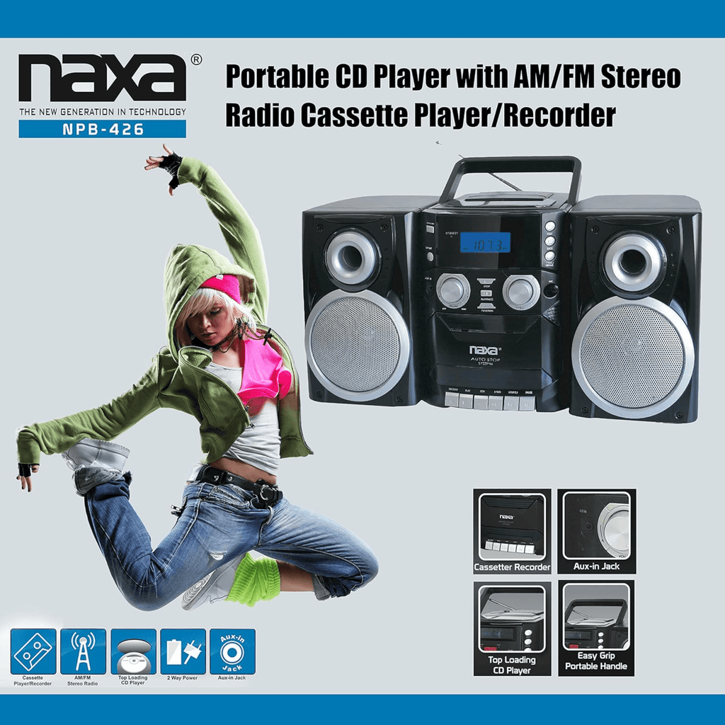 Naxa Boombox Portable CD Player, AM FM Stereo, Cassette Player and Recorder