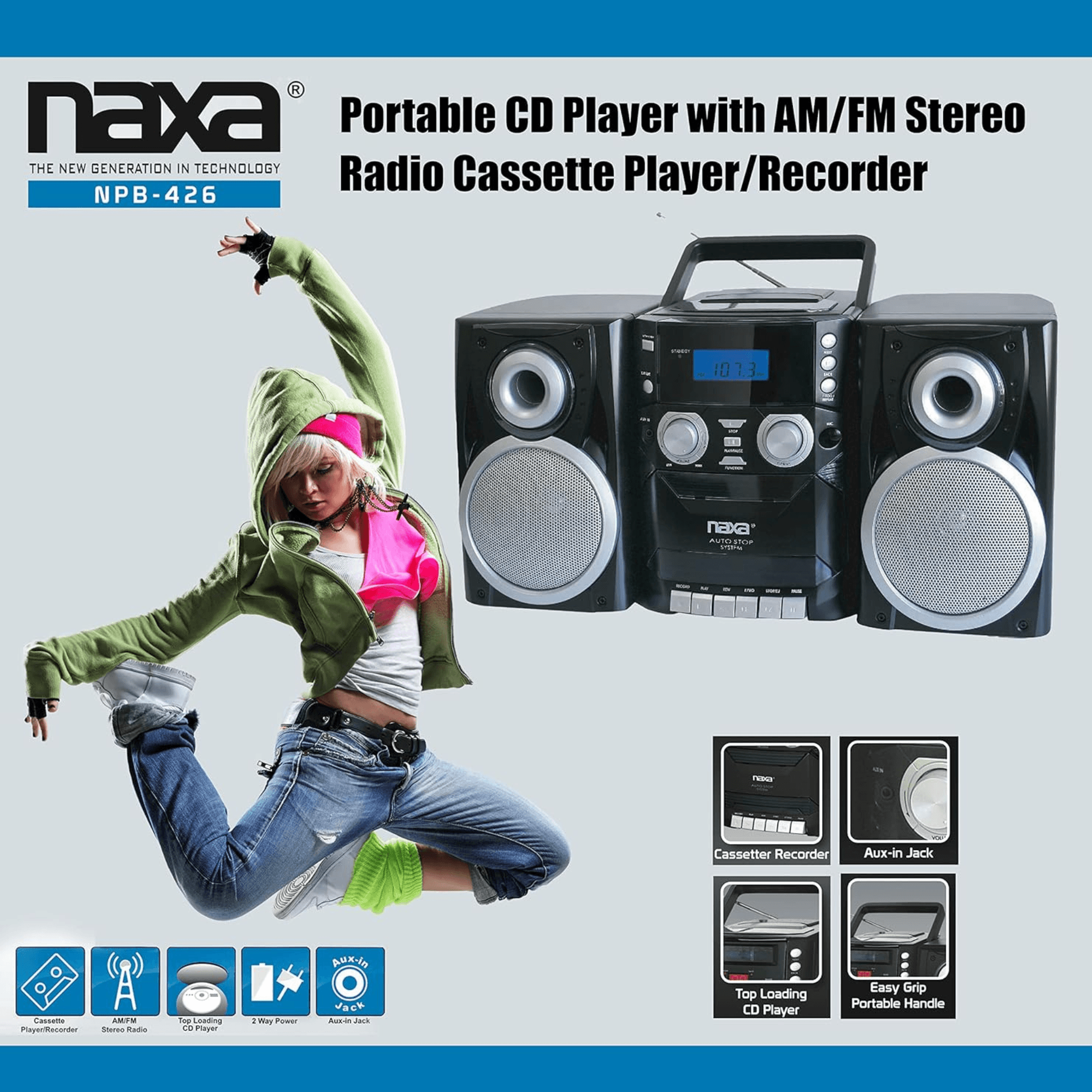 Naxa Boombox Portable CD Player, AM FM Stereo, Cassette Player and Recorder