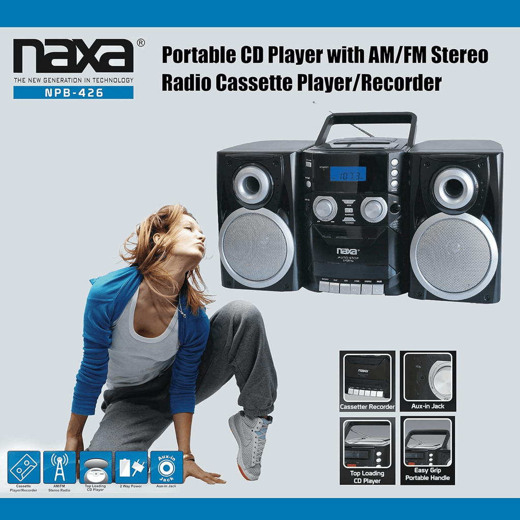 Naxa Boombox Portable CD Player, AM FM Stereo, Cassette Player and Recorder