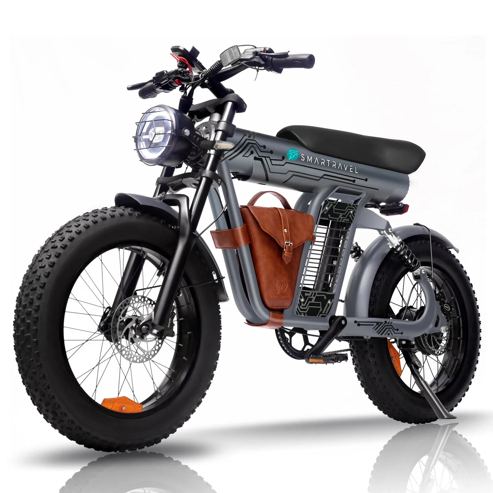 Gray SmartTravel electric bike with a brown bag 