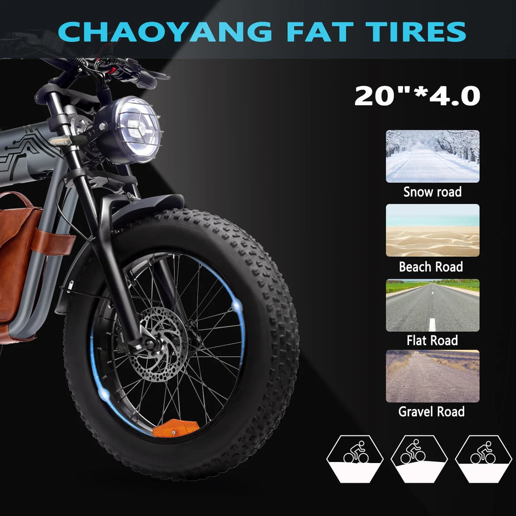 Motorcycle with Chaoyang fat tires, showcasing their suitability for various terrains.