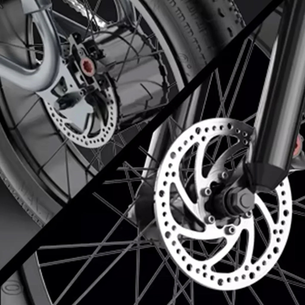Close-up of a electric bike wheel with disc brake system