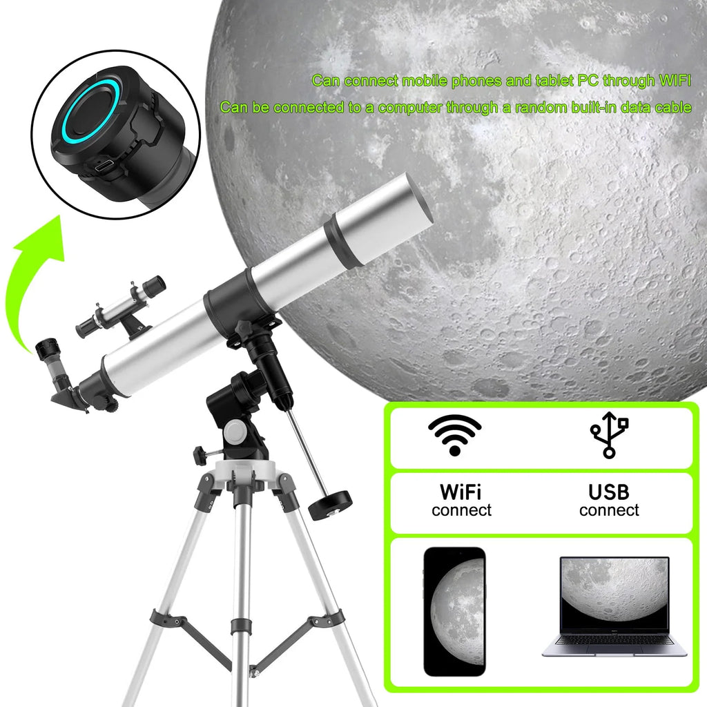 Telescope lense with WiFi and USB connectivity features displayed against a moon background
