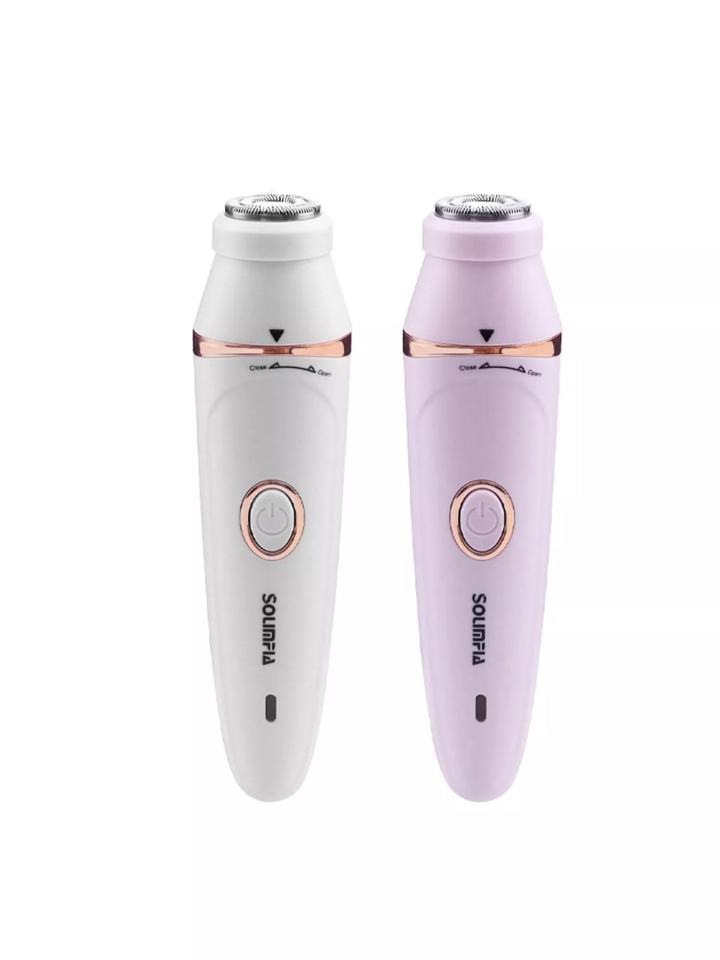 Two white and purple electric shavers with rose gold accents on a white background.