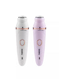 Two white and purple electric shavers with rose gold accents on a white background.
