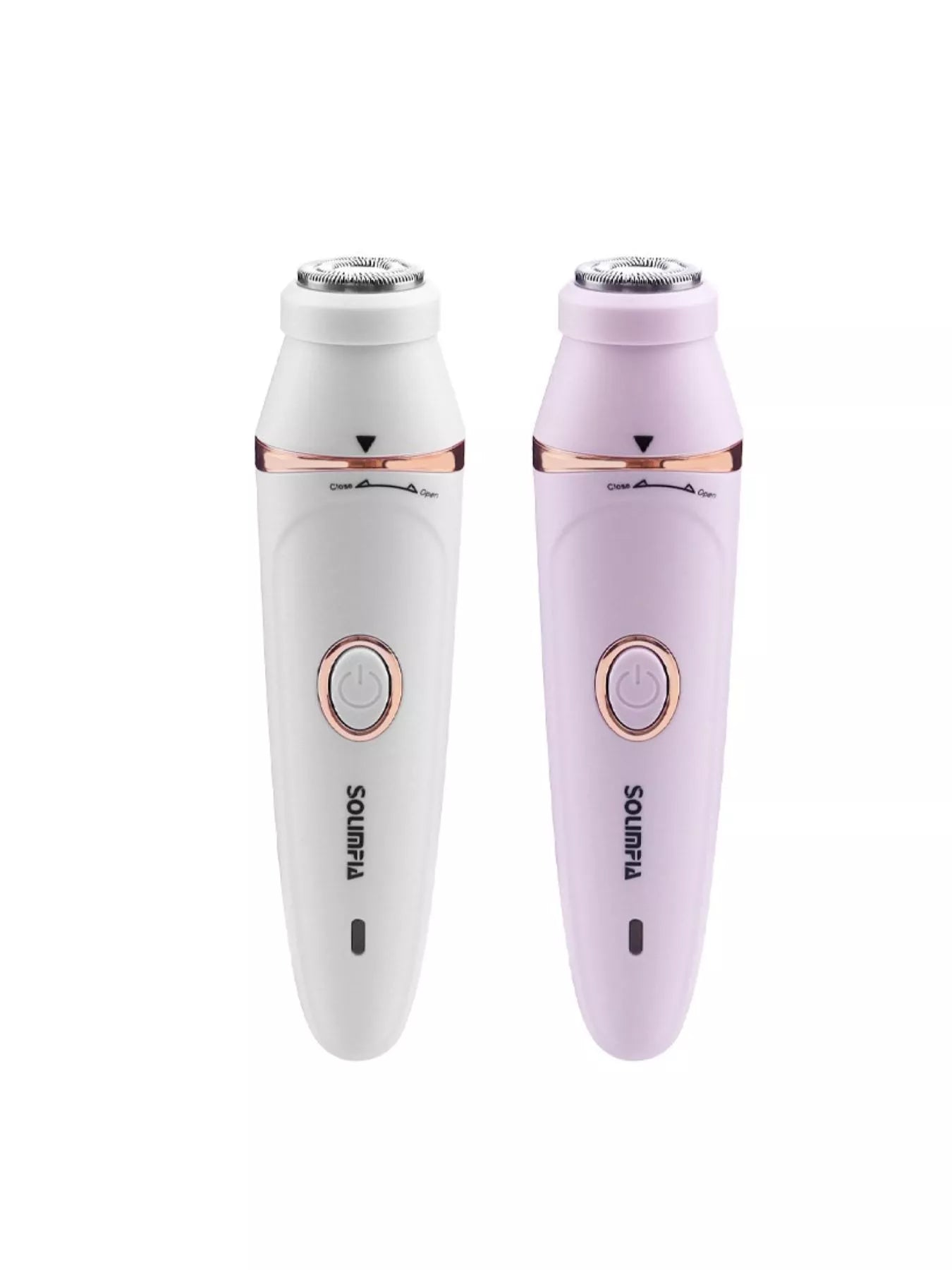 Two white and purple electric shavers with rose gold accents on a white background.