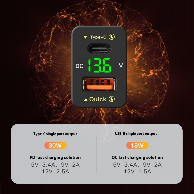 Digital voltage and current meter with charging specifications on a dark background