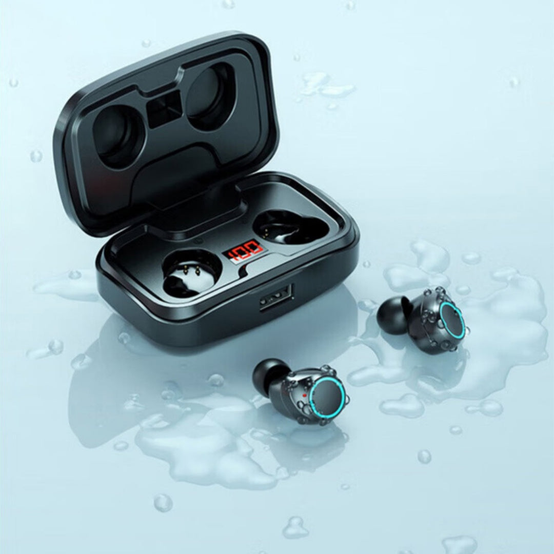 Wireless earbuds with charging case on a water droplet background